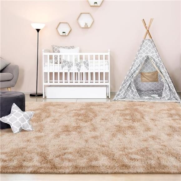 8x10 Feet Large Area Rugs for Living Room,Tie-Dyed Beige Shaggy Rug Fluffy Throw - Picture 4 of 7